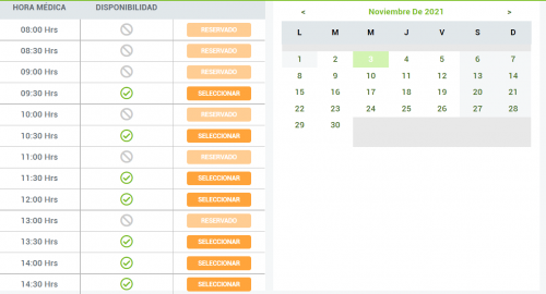 Calendario de horas disponibles